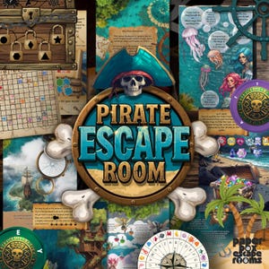 Könnte beinhalten: Eine Collage von Elementen eines Piraten-Escape-Rooms. Das zentrale Bild zeigt einen Schädel mit Piratenhut und den Worten "PIRATE ESCAPE ROOM". Weitere Elemente sind Schatzkisten, Karten, Kompasse und ein Steuerrad. Die Farbpalette ist reich an Blau-, Braun- und Grüntönen.