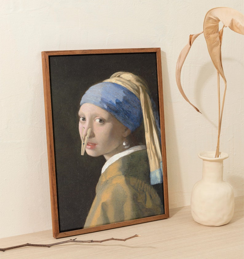 Girl With a Pearl Earring, Johannes Vermeer, Vintage Altered Classic Art for bathroom, toilet humour gift for artist, funny bathroom prints image 5