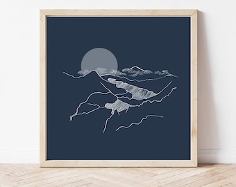 Impression Yr Widdfa Snowdon, oeuvre d'art murale Moountai bleu nuit pour le bureau, cadeaux de voyage pour lui, impression Munro, affiches d'extérieur pour le salon,