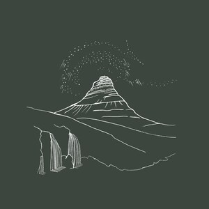 May include: A white line drawing of a mountain with a waterfall and a starry sky on a dark gray background. The mountain has a layered appearance, and the waterfall is depicted with vertical lines.