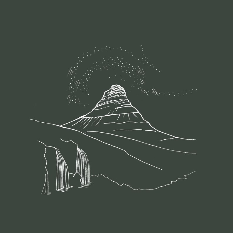 May include: A white line drawing of a mountain with a waterfall and a starry sky on a dark gray background. The mountain has a layered appearance, and the waterfall is depicted with vertical lines.