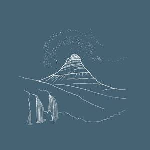 May include: A white line drawing of a mountain with a waterfall and a starry sky on a teal background. The mountain has a layered appearance, and the waterfall is depicted with vertical lines. The stars are represented by small dots and lines.