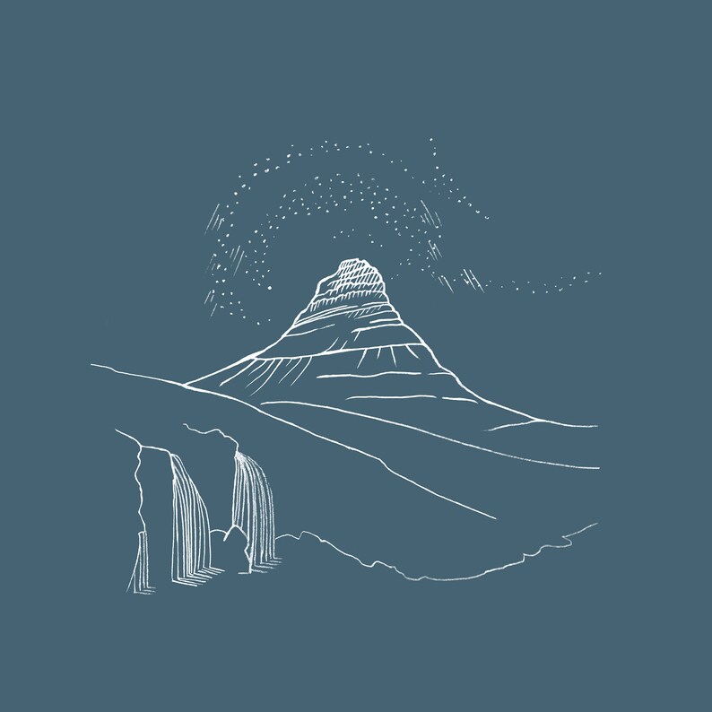 May include: A white line drawing of a mountain with a waterfall and a starry sky on a teal background. The mountain has a layered appearance, and the waterfall is depicted with vertical lines. The stars are represented by small dots and lines.