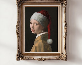 Boucle d'oreille fille à la perle - avec chapeau de Noël ! Fille de Johannes Vermeer avec un bonnet de Noel, impression d'art classique modifiée vintage pour étudiant en art