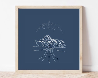 Aoraki Mount Cook sketch, midnight blue Aotearoa print for office, Travel gift for boyfriend, mountain gift for hiker, minimal wall art