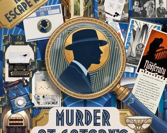 May include: A 1920s escape room game kit featuring a magnifying glass graphic with a silhouette of a person in a fedora, a typewriter, a rotary telephone, a champagne coupe, and various vintage-style documents labeled Murder at Gatsby's.