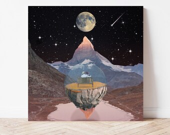 Impression d'art de voyage dans l'espace : collage moderne vintage du milieu du siècle