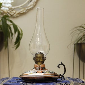 Handmade Copper Oil Lamp, Handmade Floral Copper Oil Lamp , Kerosene Lamp, Vintage Floral Kerosene Lantern for Home & Garden Decor