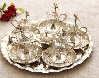 Mothers day gift, Vintage Turkish Tea Set, Tea Cup, Tea Set, Traditional Ottoman Tea Set, Silver Colour