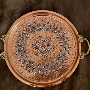 Handmade Copper Serving Tray, Round Tray, Large Tray, Vintage Tray, Decorative Tray, Copper Tray with Blue Flowers