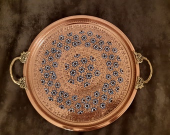 Handmade Copper Serving Tray, Round Tray, Large Tray, Vintage Tray, Decorative Tray, Copper Tray with Blue Flowers