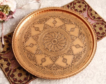 Handmade Copper Tray, 57 cm, Serving Tray, Round Tray, Large Tray, Vintage Tray, Decorative Tray, Copper Tray, Hand Hammered and Engraved