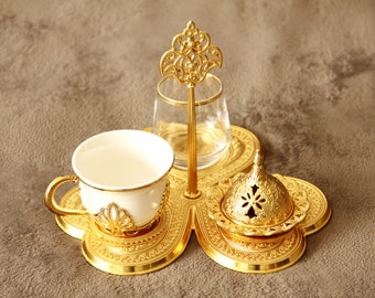 Vintage türkisches Kaffee-Servierset, einzelne Kaffeetasse mit Delight Bowl und Mini-Wassertasse, Keramik-Espresso-Geschenkset, Kaffee-Präsentation