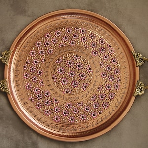 Handmade Copper Serving Tray, Round Tray, Large Tray, Vintage Tray, Decorative Tray, Copper Tray with Purple Flowers