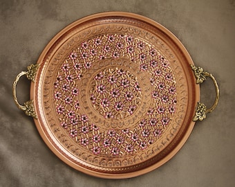 Mothers day gift, Handmade Copper Serving Tray, Round Tray, Large Tray, Vintage Tray, Decorative Tray, Copper Tray with Purple Flowers