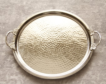 Handmade Copper Serving Tray, Hand Hammered, Silver Plated, Round Tray, Large Tray, Vintage Tray, Decorative Tray, Copper Tray