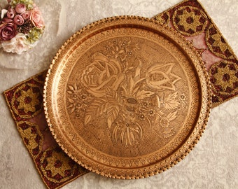 Handmade Copper Tray, 57 cm, Serving Tray, Round Tray, Large Tray, Vintage Tray, Decorative Tray, Copper Tray, Hand Hammered and Engraved