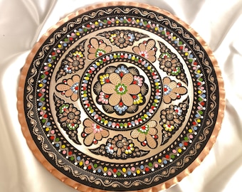 Handmade Copper Serving Tray, Round Serving Tray, Large Tray, Vintage Tray, Decorative Tray, Colourful Copper Tray, Diamond Gleams
