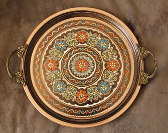 Handmade Copper Serving Tray, Round Serving Tray, Large Tray, Vintage Tray, Decorative Tray, Colourful Copper Tray