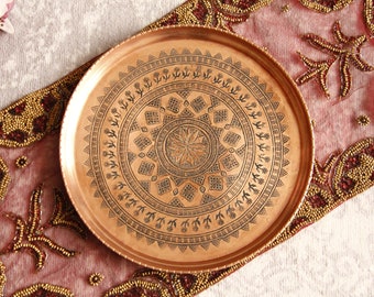 Mothers day gift, Handmade Copper Serving Tray, Round Tray, Large Tray, Vintage Tray, Decorative Tray, Copper Tray , Engraved, Patterned