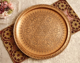Handmade Copper Tray, 57 cm, Serving Tray, Round Tray, Large Tray, Vintage Tray, Decorative Tray, Copper Tray, Hand Hammered and Engraved