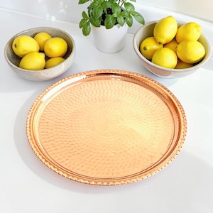 Hand Hammered Copper Serving Tray, Round, Large, Vintage, Decorative Home Decor