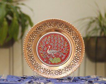 Colgante de pared hecho a mano, 16 cm, plato artesanal de cobre con cerámica, decoración de pared, decoración colorida para el hogar.
