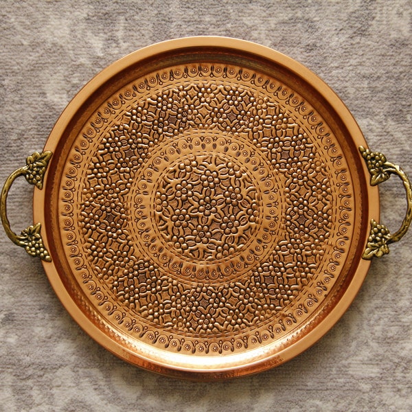 Mothers day gift, Handmade Copper Serving Tray, Round Tray, Large Tray, Vintage Tray, Decorative Tray, Copper Tray