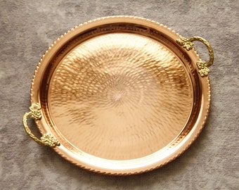 Handmade Copper Serving Tray, Hand Hammered, Round Tray, Large Tray, Vintage Tray, Decorative Tray, Copper Tray