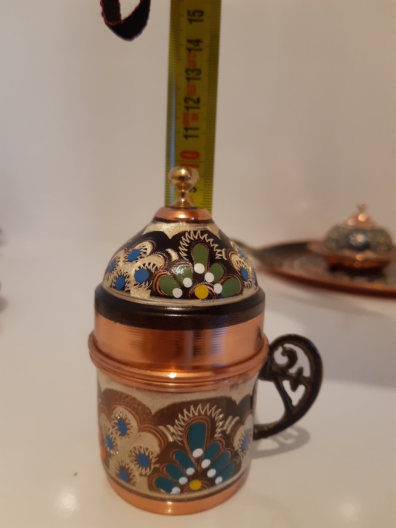 Pode incluir: Uma pequena cafeteira de cobre com tampa e al&ccedil;a. A cafeteira &eacute; decorada com um padr&atilde;o floral em azul, verde e branco.