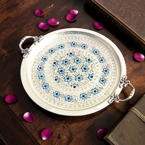 Hand Hammered Copper Serving Tray, Hand Engraved Floral Design, Silver Plated Handles