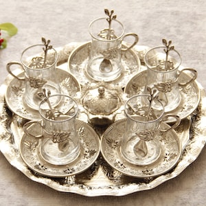 Vintage türkisches Teeset, türkische Teetasse, Teeset, persisches Teeset, silberne Farbe