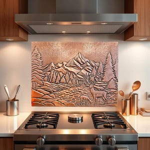 Copper Backsplash, %100 Handmade, Mountain View, Custom Copper Kitchen Backsplash Tile, Kitchen Backsplash Behind Stove, Fireplace Decor