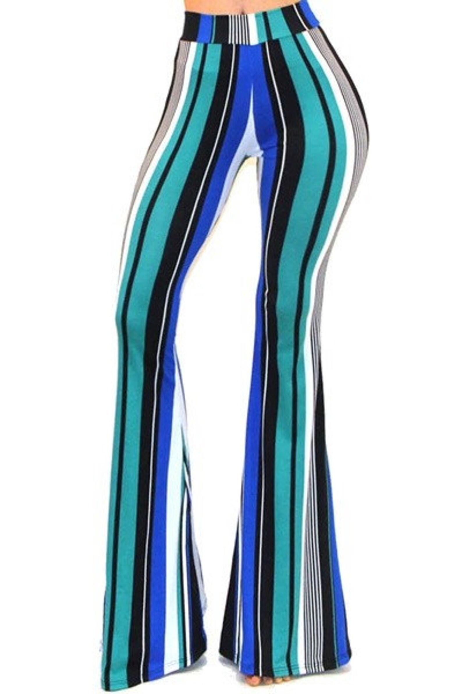 black and white striped bell bottom pants