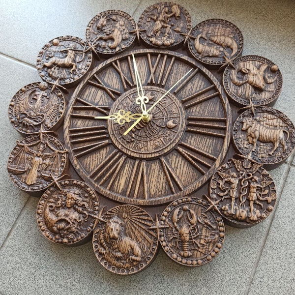 Sternzeichen Uhr, Holzschnitzerei, Uhren für die Wand, Wanddekor, Holzuhr, große Wanduhr