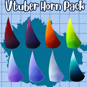 以下が含まれることがあります： Vtuber Horn Packのデジタルイラスト。グラデーションカラーの8つの角が特徴です。角は赤、紫、オレンジ、緑、青、白の色合いです。「Vtuber Horn Pack」の文字が上部にあり、ソーシャルメディアのハンドルネームと「PNG vtuber asset」が下部にあります。