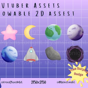 Puede incluir: Un conjunto de activos 2D para VTubers, que incluye una variedad de objetos con temática espacial, como una estrella, una luna creciente, un planeta, un cohete, un agujero negro y una roca. Los activos están diseñados para ser lanzables y están disponibles para descarga instantánea. La imagen también incluye el texto "VTUBER ASSETS THROWABLE 2D ASSEST 2150x2150 @frensChaosorbit @Mysinstonight Free Surprise Badge".