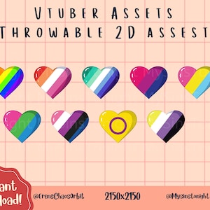 May include: Nine heart-shaped graphics with various colour schemes, including rainbow, orange and white stripes, pink and white stripes, teal and purple stripes, pink and purple, pink and yellow, pink and green, white and black, yellow with a purple circle, and white and purple stripes. Text reads "VTUBER ASSETS THROWABLE 2D ASSEST".