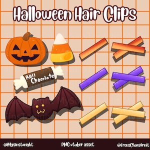 May include: A selection of Halloween hair clips. The image shows a carved pumpkin, candy corn, a chocolate roll, a bat, and rectangular clips in orange, purple, and yellow. The text "Halloween Hair Clips" is displayed at the top.