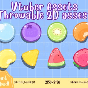Może przedstawiać: Grafika cyfrowa z ośmioma kolorowymi zasobami 2D w stylu kreskówkowym dla Vtubers. Zasoby obejmują bańkę, jagodę, plasterek kiwi, pomarańczowy kształt, kształt cytryny, plasterek ananasa, plasterek arbuza i truskawkę. Tekst: "Vtuber Assets Throwables 2D assets".