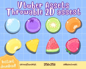 Op de afbeelding: Een digitale afbeelding met acht kleurrijke, cartoonachtige 2D-assets voor Vtubers. De assets omvatten een bel, een bosbes, een kiwischijf, een oranje vorm, een citroenvorm, een ananasschijf, een watermeloenschijf en een aardbei. Tekst: "Vtuber Assets Throwables 2D assets".