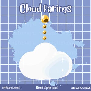 May include: A digital illustration of cloud earrings. The design features a white cloud at the bottom, with four golden orbs suspended above it. The background is a blue grid with a light blue cloud shape. Text reads "Cloud Earrings".
