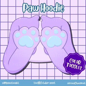 May include: Digital illustration of a purple paw hoodie design. The hoodie features two large paw prints in light blue on a purple background. The text "Paw Hoodie" is at the top, with "Color Toggles" in a purple badge.