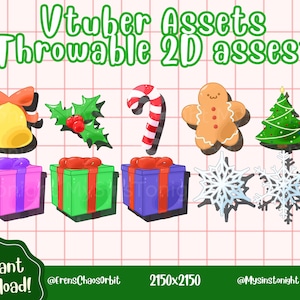 May include: A collection of colorful, cartoon-style Christmas-themed assets for virtual streamers. Includes a golden bell, holly, candy cane, gingerbread man, Christmas tree, gift boxes, and snowflakes. The text "Vtuber Assets Throwables 2D assets" is at the top.