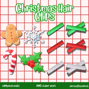 May include: Christmas-themed hair clips in various designs, including a gingerbread man, snowflake, candy cane, holly, and rectangular clips in green, red, and white. The text "Christmas Hair Clips" is displayed at the top.