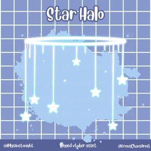 May include: A digital illustration of a glowing star halo with hanging stars. The halo and stars are white and emit a soft glow against a light blue background with a grid pattern. Text at the top reads "Star Halo".