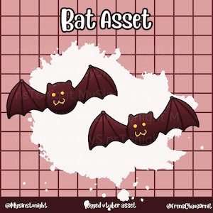 May include: Two cartoon bats with dark red wings and brown bodies are featured in this image. The bats have yellow eyes and a yellow mouth. The words "Bat Asset" are at the top of the image. The background is a pink grid.