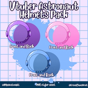 May include: An illustration of three astronaut helmets in purple, pink, and blue. Each helmet is a ring shape with details for the front and back. The text "Vtuber Astronaut Helmets Pack" is at the top.