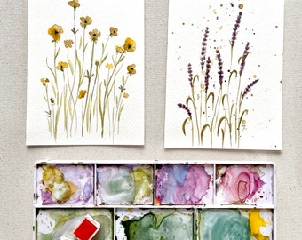 Aquarelle florale Peinture originale de petites fleurs Ensemble de 2