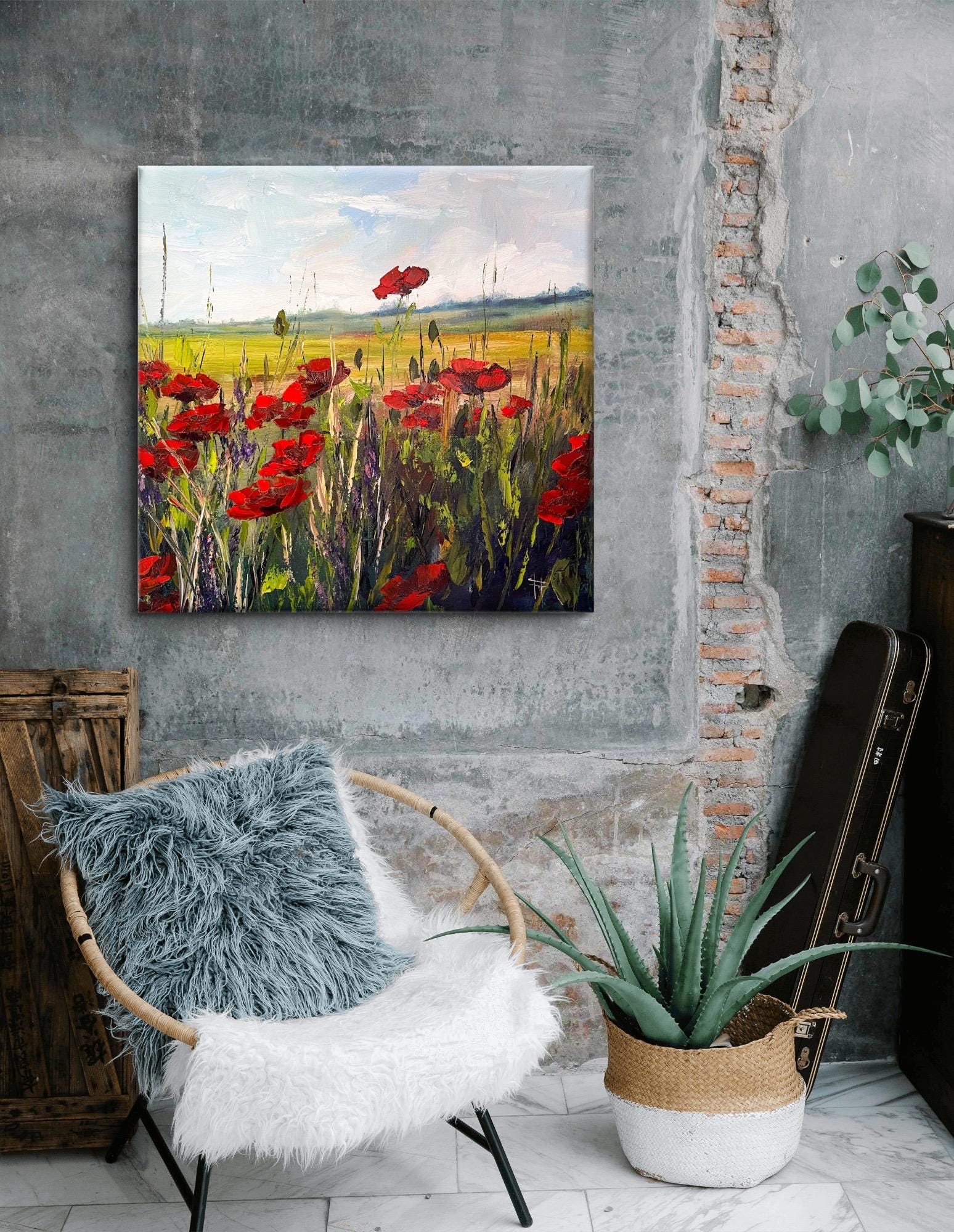 テクスチャードポピーの油絵：オリジナルの花の風景画 - Etsy 日本
